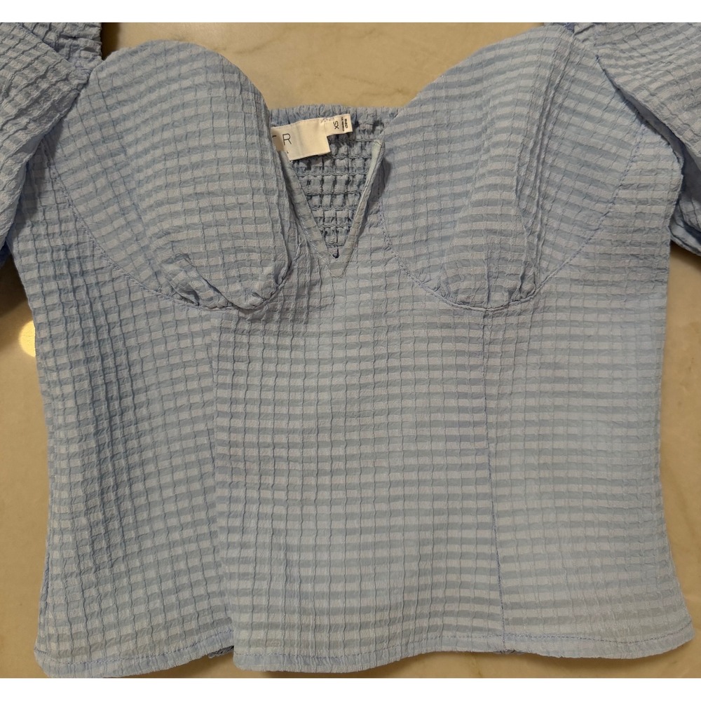ASTR The Label Daydreamer Blue Seersucker Puff Sleeve Sweetheart Top Womens XS - Picture 3 of 11
